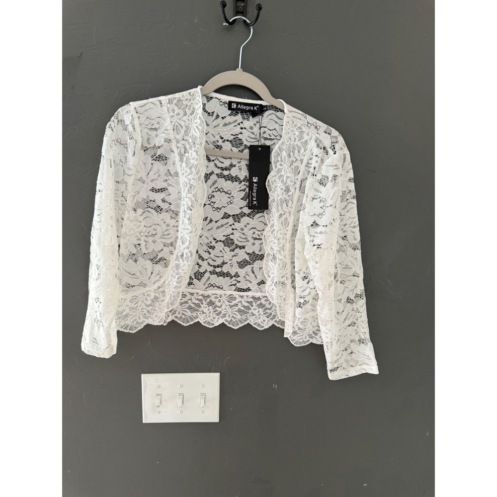 Allegra K NWT Womens White Floral Lace Shrug Open Front Cropped Fairy Feminine